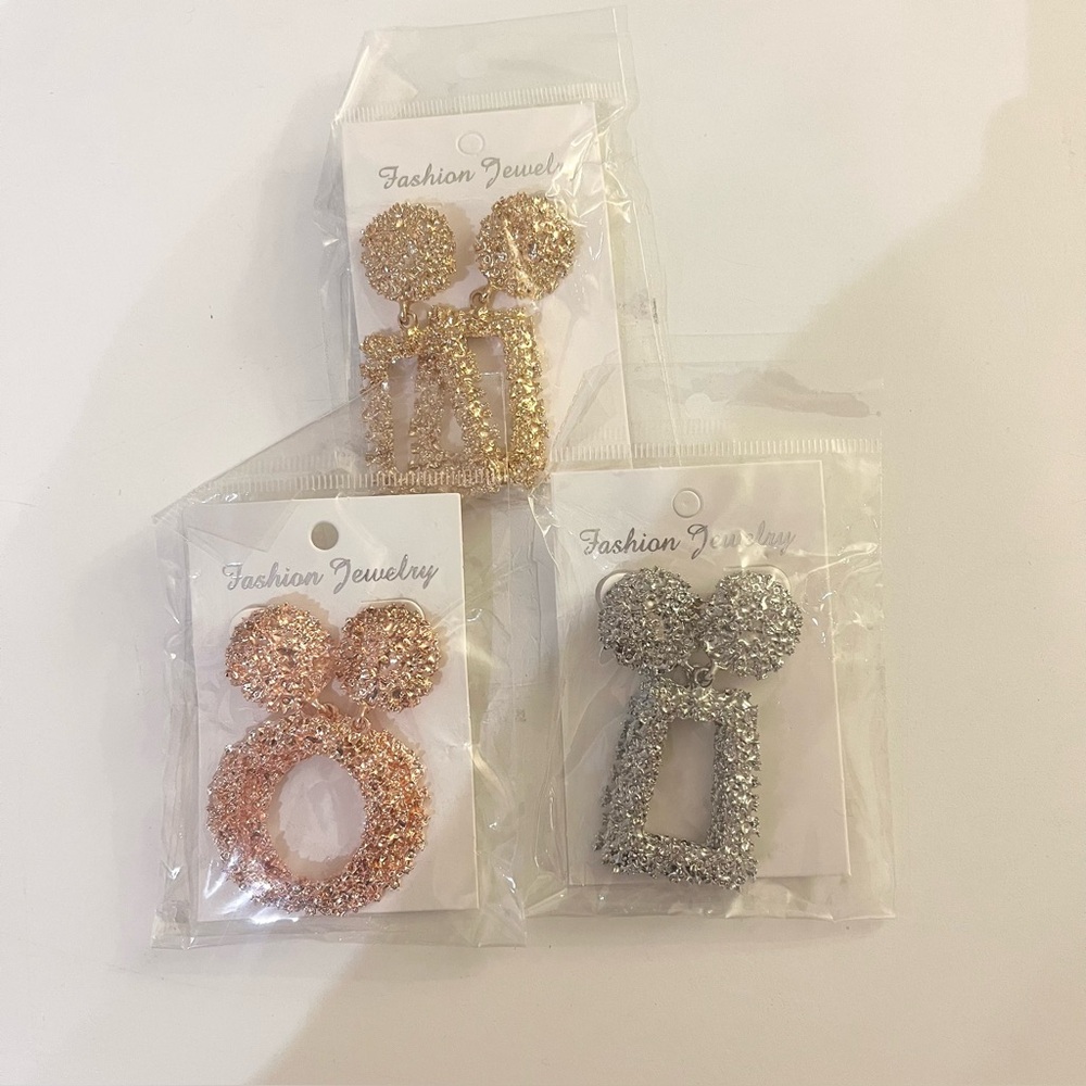 Set of 3 Pairs Large Sparkly Rhinestone Earrings